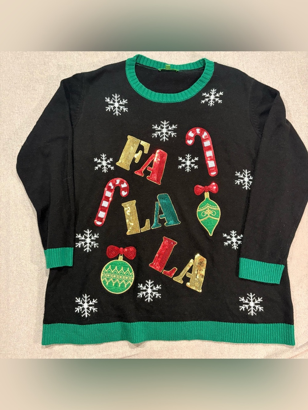 Holiday 'Fa La La' Sequin Accent Crewneck Sweater - Black & Green